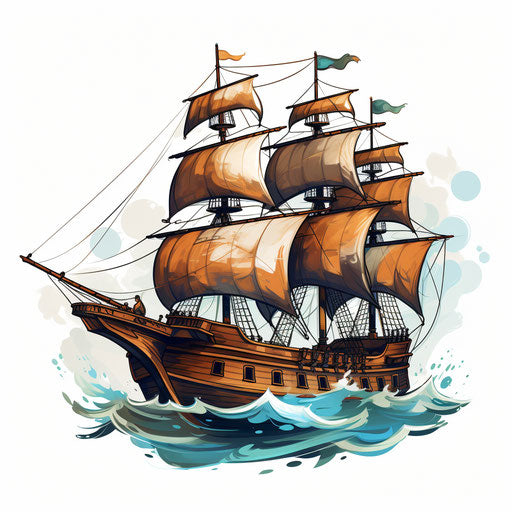 Ship illustration in the style of Chiaroscuro Art, on white background
