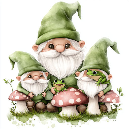 Adorable green gnomes with frogs on mushrooms