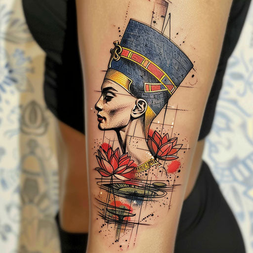 Dynamic tattoo sketch of Nefertiti with abstract Nile and lotus design