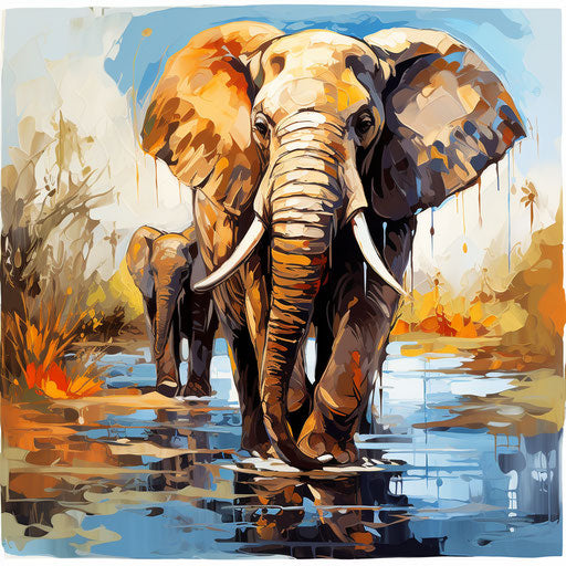 Cartoon elephant painted in Oil painting style on white background