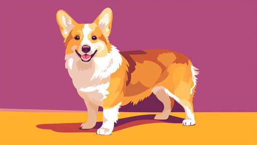 White and brown corgi dog on yellow background, bold colors