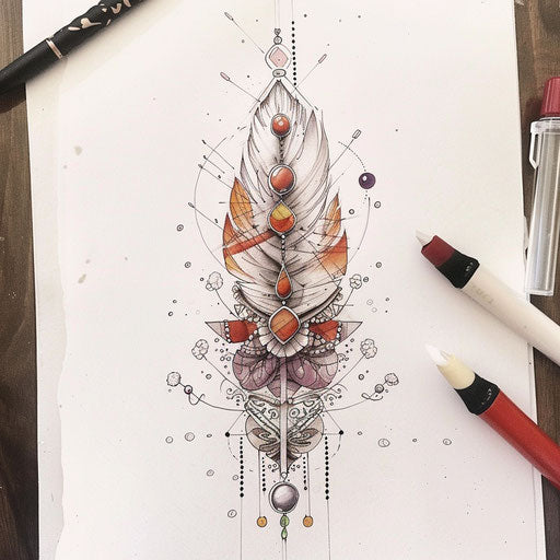 Bohemian feather and rock balance tattoo sketch