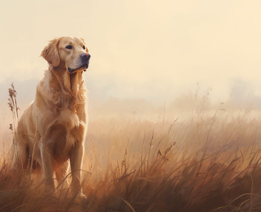 Golden retriever in foggy field, light gold and beige style