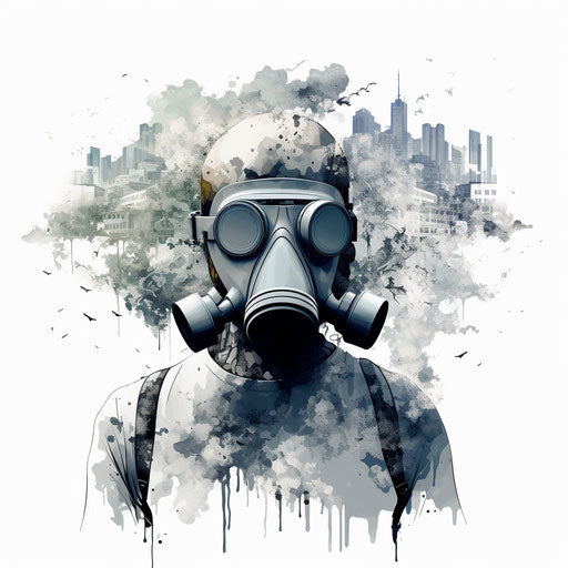 Air pollution illustration in the style of Chiaroscuro Art, on a white background