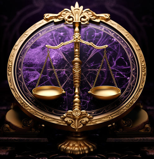 The zodiac house of Libra is engraved on a scale with a golden ruler, Gutai group style, light brown and purple