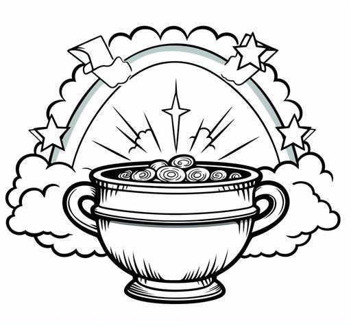 Rainbows and pot of gold coloring page in light red and dark emerald