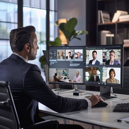 Professional virtual meeting with diverse participants on screen, modern interface