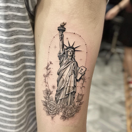 Gentle tattoo sketch of the Statue of Liberty surrounded by fine floral embellishments