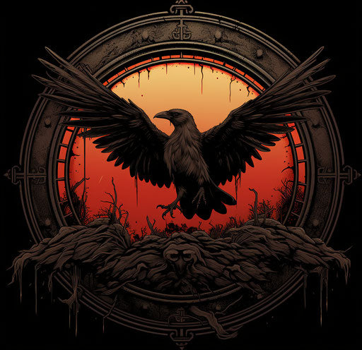 A raven with wings is flying in a circular frame