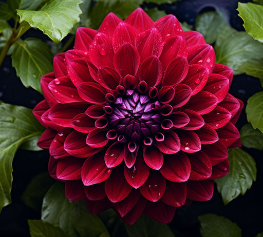 Dark red dahlia flower on green leaves, in navy and magenta style, pretty 29:26
