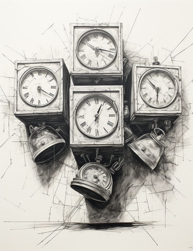 Three square clocks, artist design, pencil sketch