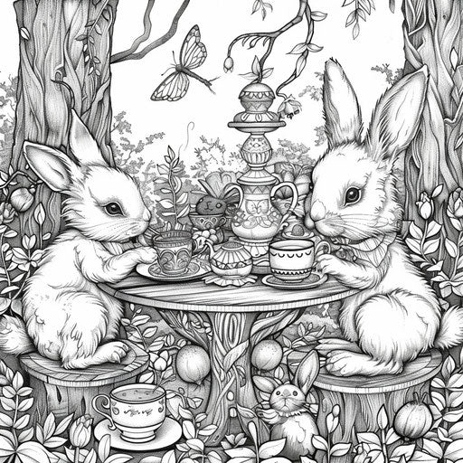 Whimsical scene of bunnies having a tea party