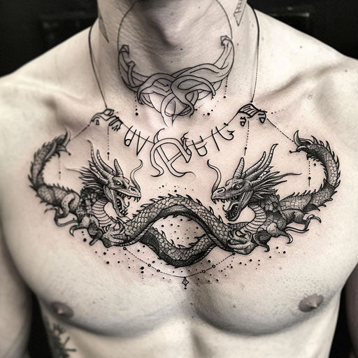 Fantasy collarbone tattoo with dragons and mystical runes