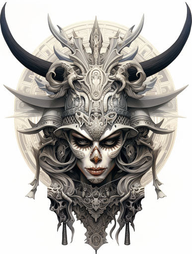 Witch in helmet, detailed realism style, skull motifs