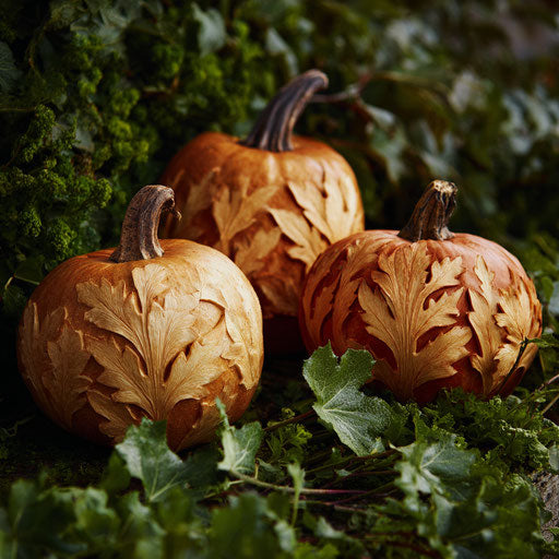 Carved Pumpkins Among Green Foliage