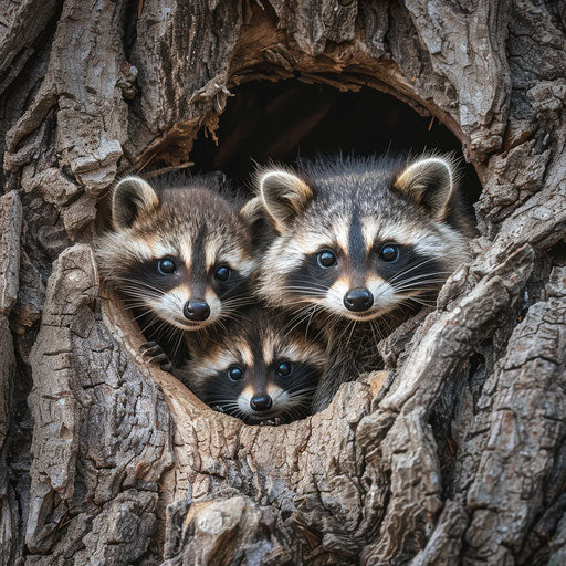 Mother racoon with two babies peering from tree hole