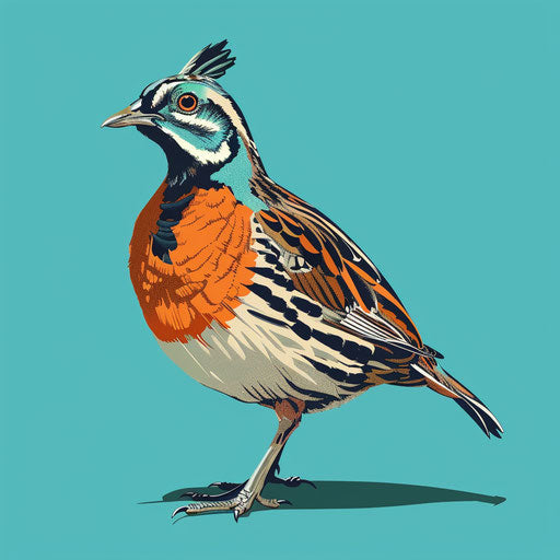realistic style image of quail clipart on flat turquoise background, with bold outlines and matte finish