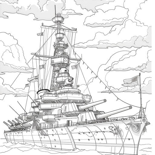 Detailed illustration of a naval ship with flags and cannons