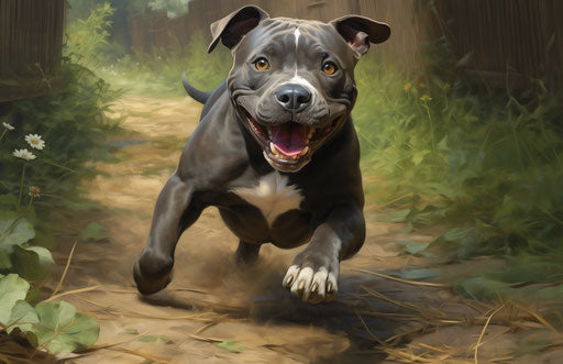 Pit bull dog on grass, gray style, visual puns, playful stacks