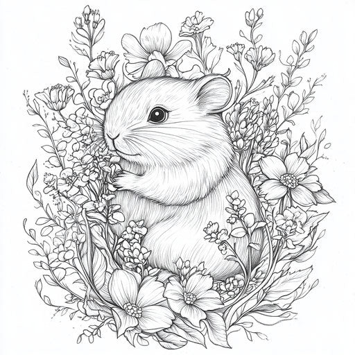 Hamster surrounded by whimsical flowers and plants in the style of Teagan White coloring book page