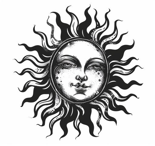 Neolithic sun tattoo on hand, drawn design illustration