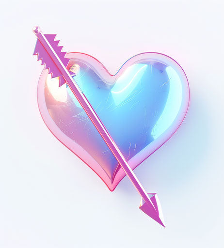 Love symbol with arrow on white background, pink and azure style