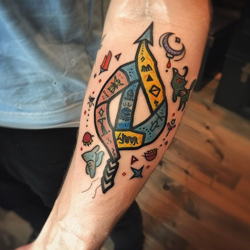 Whimsical flat tattoo sketch of a rune with cartoonish animal motifs in bright, childlike colors