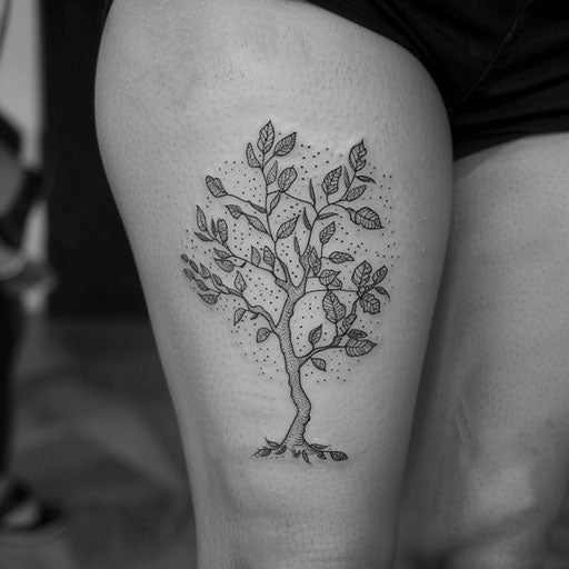 Nature-inspired flat tattoo sketch of a tree with leaves made of small dots
