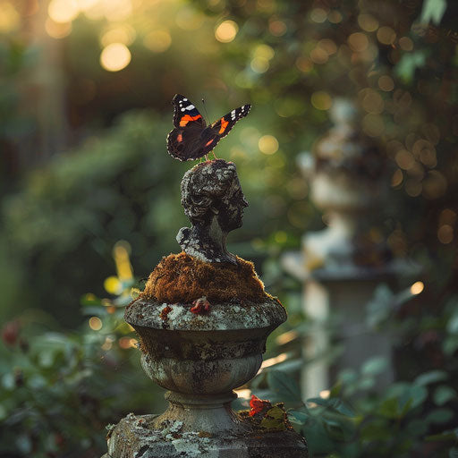 Red admiral butterfly on ancient stone statue in overgrown garden