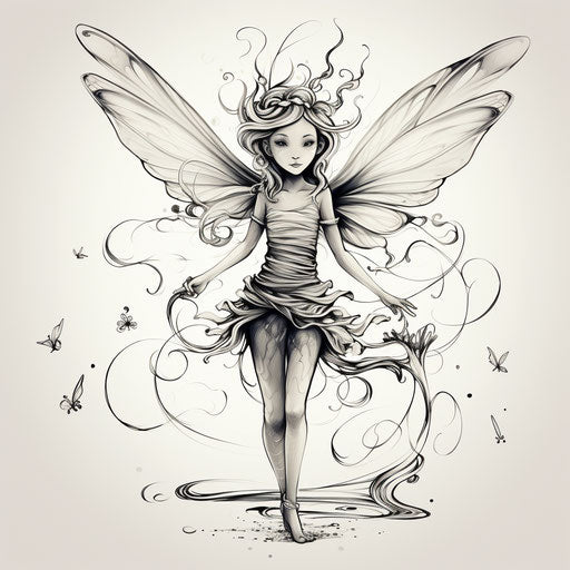 Fairy drawing with wings, meticulous inking style
