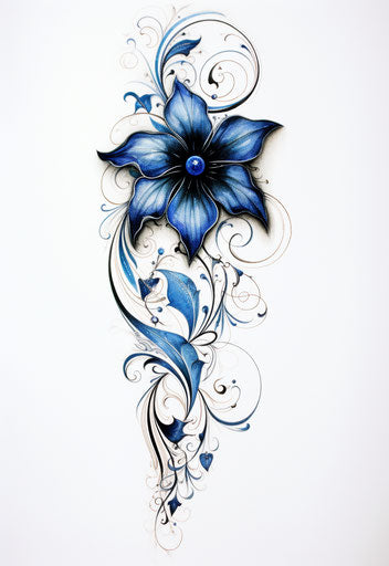 Blue flower and leaves on white background, gothic style