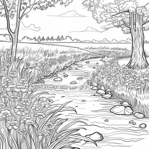 Tranquil stream in a field of spring flowers