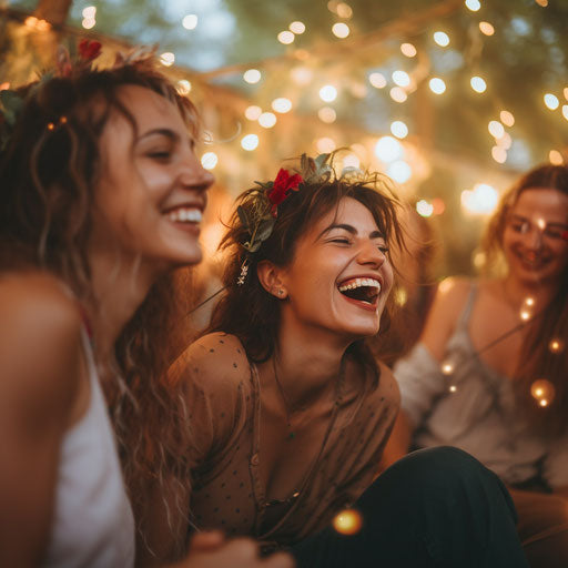 Friends enjoying music festival under vibrant lights