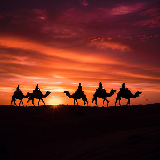 Camel caravan at desert sunrise
