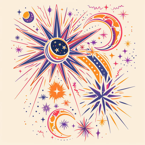 Elegant flat tattoo sketch of a celestial motif inspired by Grimes, vibrant stars and moons, clipart style