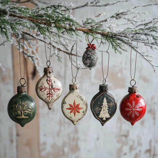 Vintage tin ornaments hanging from frosted branch