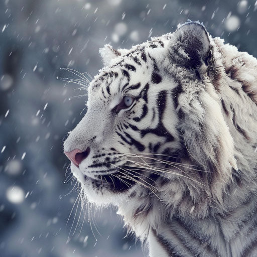 A white tiger in a gentle snowfall