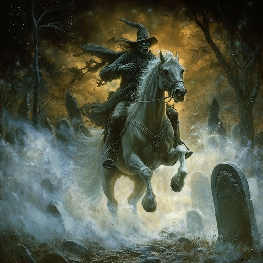The headless rider on a skeletal horse in a graveyard, eerie mist swirling around gravestones