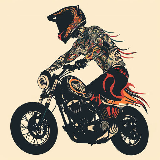 Flat and exotic drawing of a biker with tribal patterns