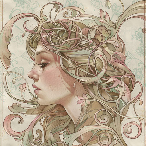 Art nouveau inspired tattoo sketch of Aphrodite with flowing lines and muted pastel colors