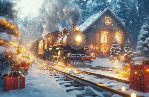 Vintage steam train in snowy landscape with Christmas trees