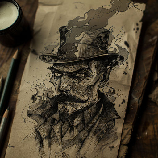 Eerie flat tattoo sketch of a ghostly Russian mafia figure