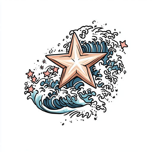 Star tattoo on hand with Japanese wave pattern