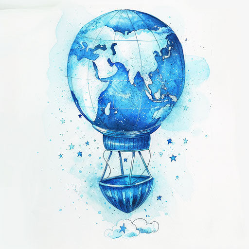 Whimsical tattoo sketch of globe as hot air balloon, pastel tones