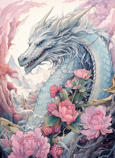 Dragon flying among a bunch of flowers, intricate style