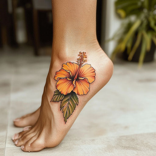 Hibiscus flower tattoo on a Pure White Background in the style of Glenn Fabry on a foot