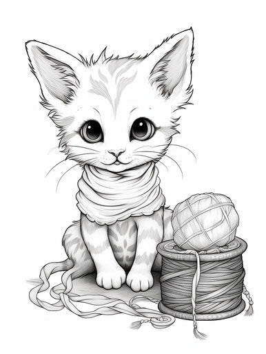 Cartoon kitten by yarn, meticulous inking style