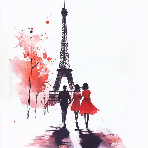 Eiffel Tower watercolor with loving couple in red dress