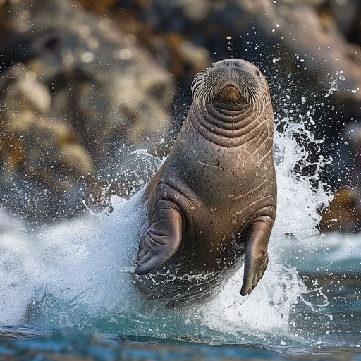 Walrus seal playfully leaping out of the water