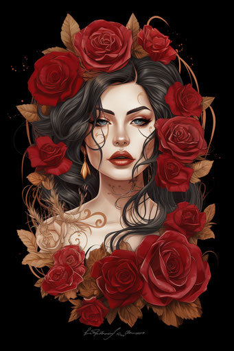 Head tattoo with hand drawn roses and flowers